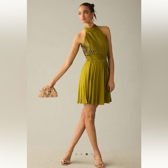 Mac Duggal Dresses & Skirts - Mac Duggal Satin Pleated Olive Green Halter Dress